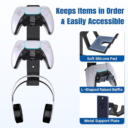 ZYTHRONE Dual Controller Holder Wall Mount, Metal Headset Stand for PS5, PS4, with Adhesive or Screws, Strong Adhesive by Screws, Black - Image 3