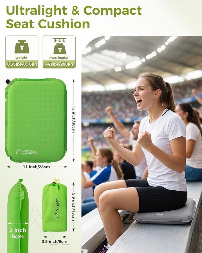 ATEPA Inflatable Seat Cushion | 2" & 2.5" Foam Core Seat Pad, Compact, Stadium, Airplane, Travel, Camping, Hiking, Sports Events, Self Inflating - Image 2