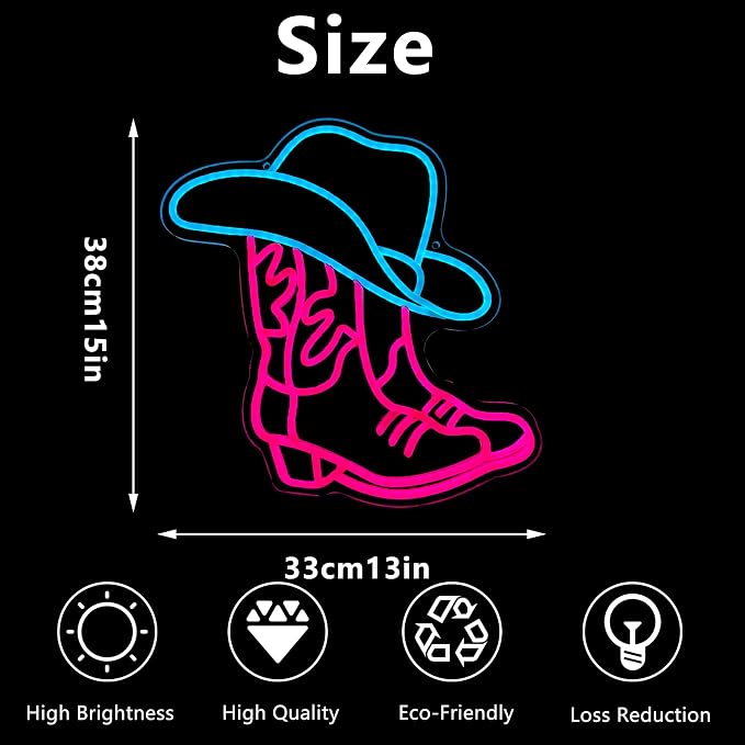 Cowboy Boot and Hat LED Neon Sign,Western Country Wall Decor for Bar, Man Cave, Garage,Pink White Aesthetic Rodeo Neon Light, Unique Christmas Birthday Gifts(13x15 in) - Image 5
