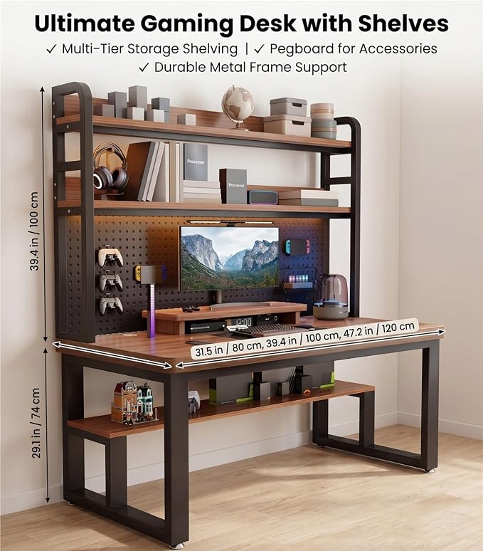 47in Gaming Desk with Pegboard and Hutch Computer Workstation | Optimize Your Space with This Study Table. Features A Steel Frame, Vertical Hutch, and Storage Shelves.(A,80CM/31.4IN) - Image 2