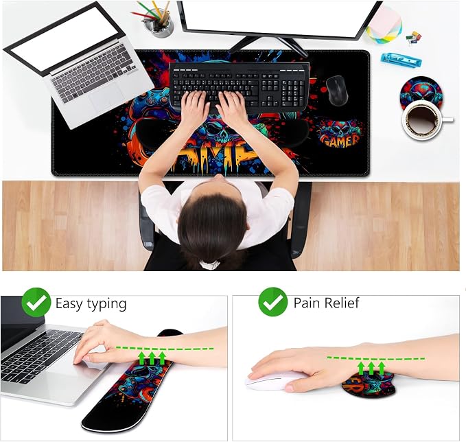 AIMSA Large Gaming Mouse Pad Set, Keyboard Wrist Rest Support + Extended Mouse Pad + Mouse Wrist Cushion + Coaster, Skull Gamer Ergonomic Memory Foam Multifunctional Desk Mat 35x15.7inch - Image 4