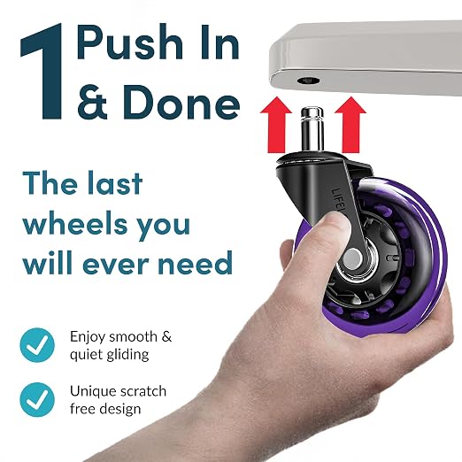 Lifelong Office Chair Wheels Replacement, Heavy Duty, Purple, 5-Pack | Original Rubber Caster, Desk Wheels, Smooth & Quiet, Safe for Hardwood Floors & Carpet, Replace Office Chair Mats, Fits 98% - Image 5