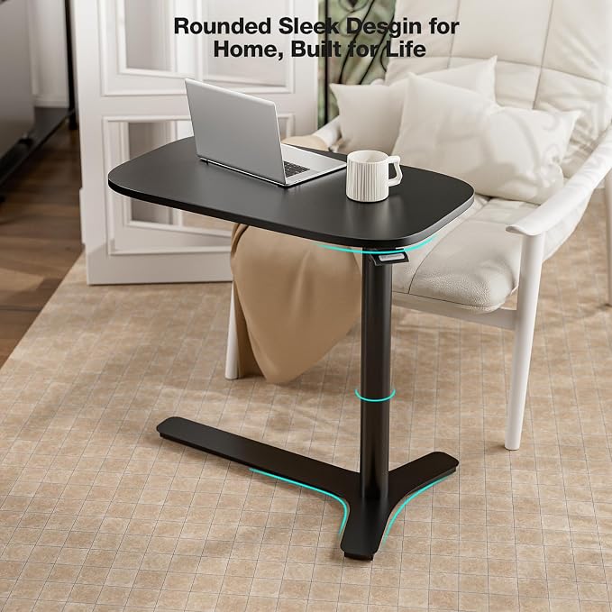 Muvai Overbed Bedside Table with Hidden Casters,30 Inches Adjustable Height Pneumatic Mobile Laptop Standing Desk, Rolling Computer Table for Home & Hospital Use ，Black 30" W x 17.7" D - Image 9