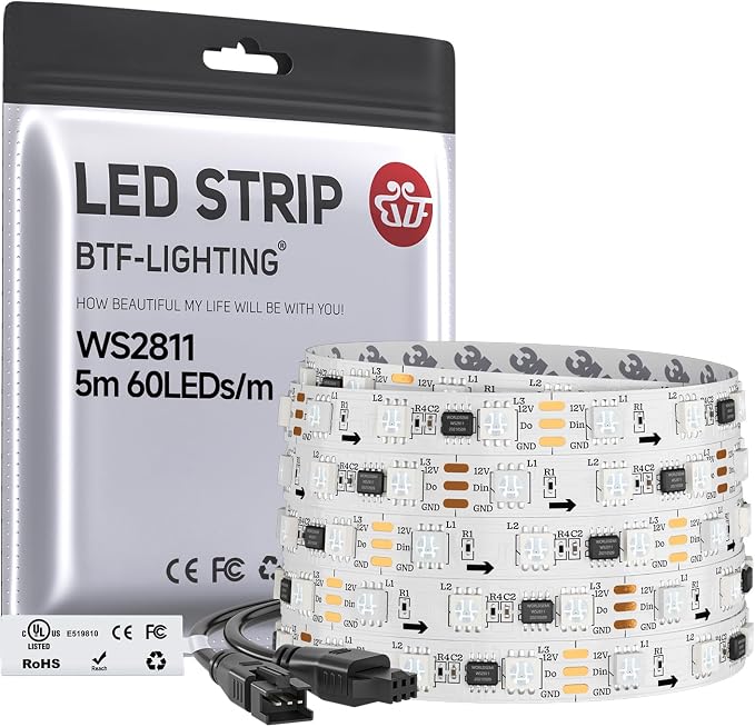 BTF-LIGHTING WS2811 Addressable RGB LED Strip 16.4FT 300LED DC12V IP30 by BTF-LIGHTING