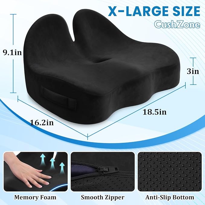 CushZone Extra Large Seat Cushion, Sciatica Support for Office Chair, Black | Ergonomic Office Chair Cushion for Hip & Tailbone Pain Relief, Memory Foam Cushion for Car, Long Trip, Desk Chair, Lab - Image 2
