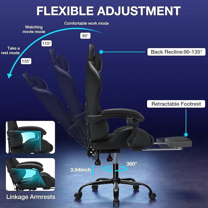 RGB Gaming Chair with LED Lights Massage Ergonomic Computer Chairs-Grey | High Back Video Game Chair with Footrest & Adjustable Lumbar Support Gamer Chairs for Adults Racing Style Recline - Image 8