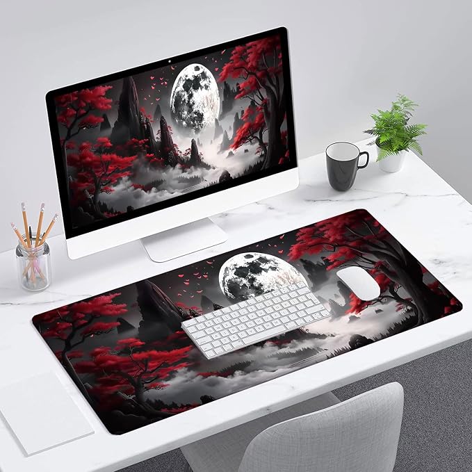 Red Moon - Extended Gaming Mouse Pad Mat with Stitched Edge Non-Slip Base - 31.5"x11.8" for Office, Home and Laptop - Image 3