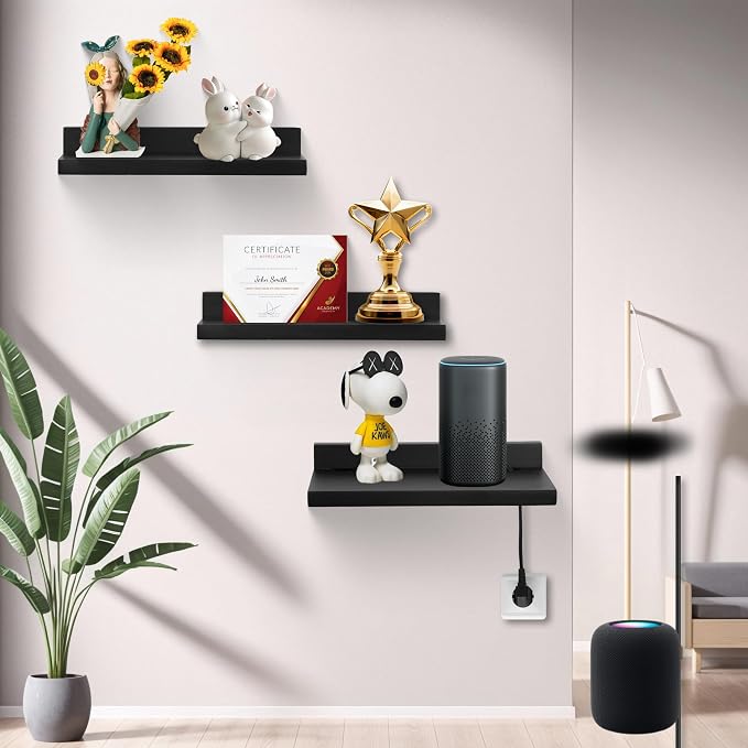 Small Floating Shelf for Wall,9X5 Inch Wall Mounted Shelf with Cord Hole,Small Display Shelves for Cameras, Webcam, Router,Smart Speaker,Action Figures-2 Pcs(Black - Image 2