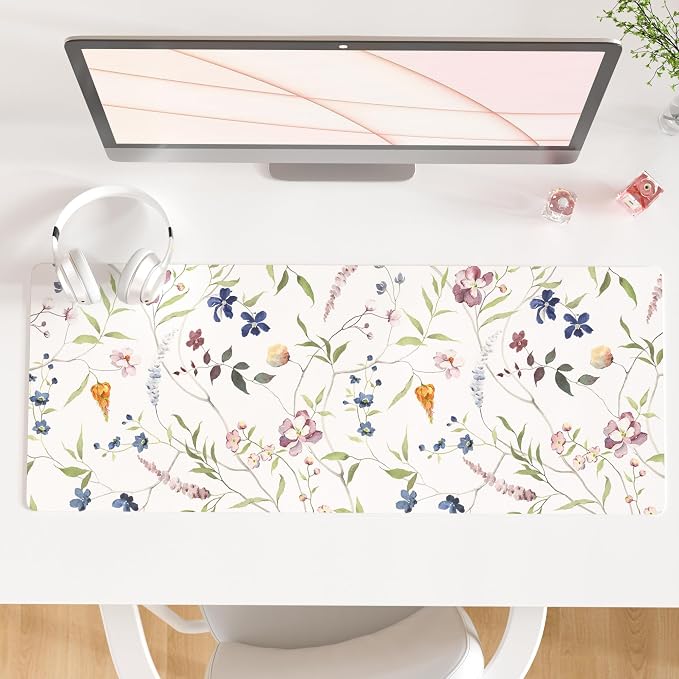 QiyI PU Leather Large Mouse Pad, 31.5" x 11.8", Watercolor Flowers | Desk Décor Accessories, Extended Size, Waterproof & Easy to Clean, Smooth Surface, Non Slip Desk Organization by QIYI