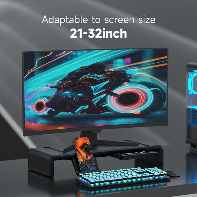 Heymaster Monitor Stand Riser with Drawer, Foldable & Adjustable Length Computer Stand with Phone & Tablet Holder, Space Saving Desk Organizer Shelf for Home Office, Laptop, Desktop - Image 2