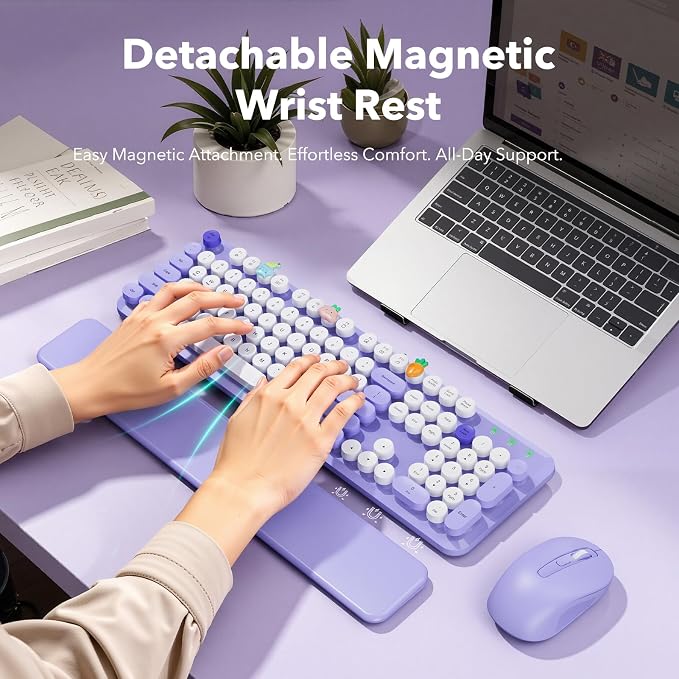 Wireless Keyboard and Mouse, Round Keycaps, Magnetic Wrist Rest, Purple - Image 2