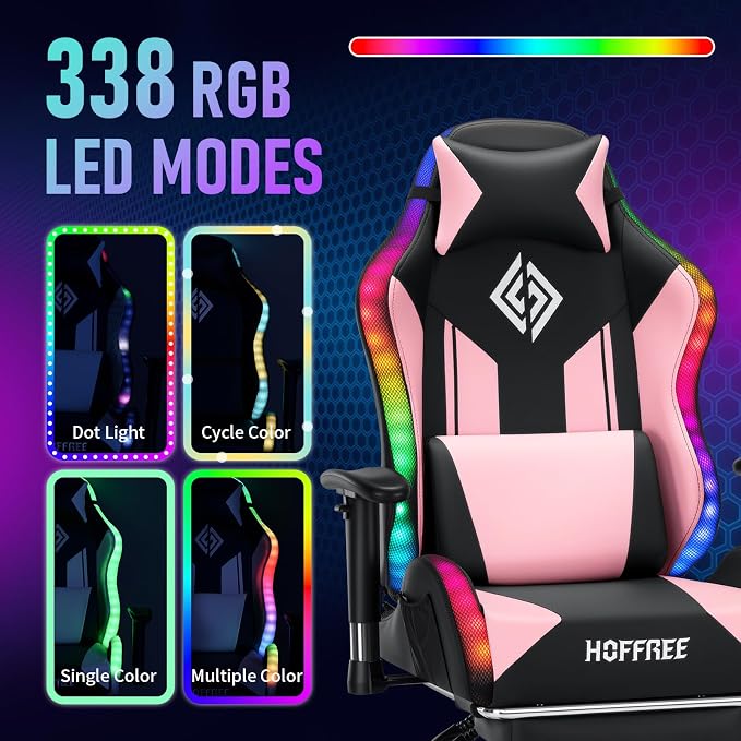 HOFFREE RGB Gaming Chair for Kids LED Computer Chair 155°Recliner-Pink | PC Game Chair with Lights Gamer Chair for Boys Teens 8-15 Video Game Chairs with Footrest and Lumbar Support Racing Style - Image 4