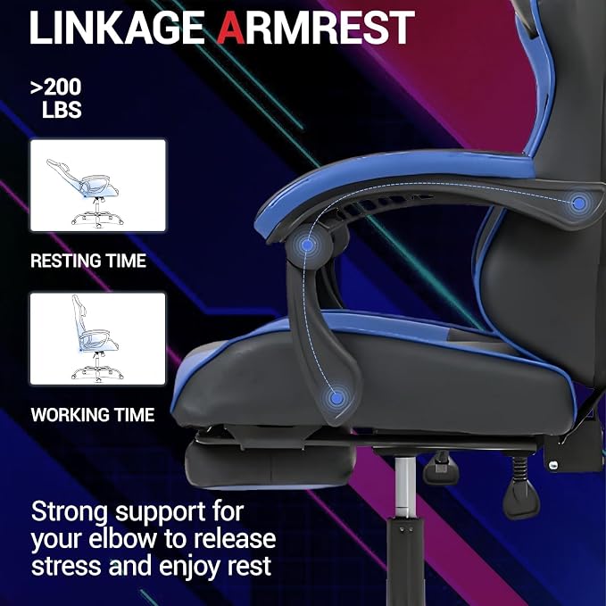Gaming Chair with Footrest for Adults, PU Leather Massage Racing Video Game Chair with Lumbar Support for Men Women, Ergonomic Computer Gamer Chair for Home Office, Height Adjustable, Blue - Image 5
