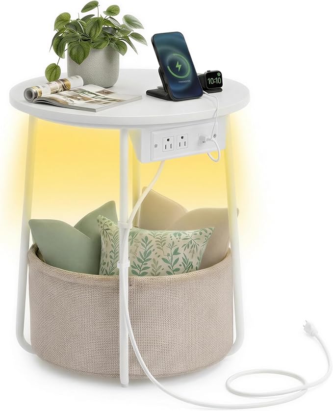 VASAGLE Side Table with Charging Station,Fabric Basket, LED Round End Table by Unknown