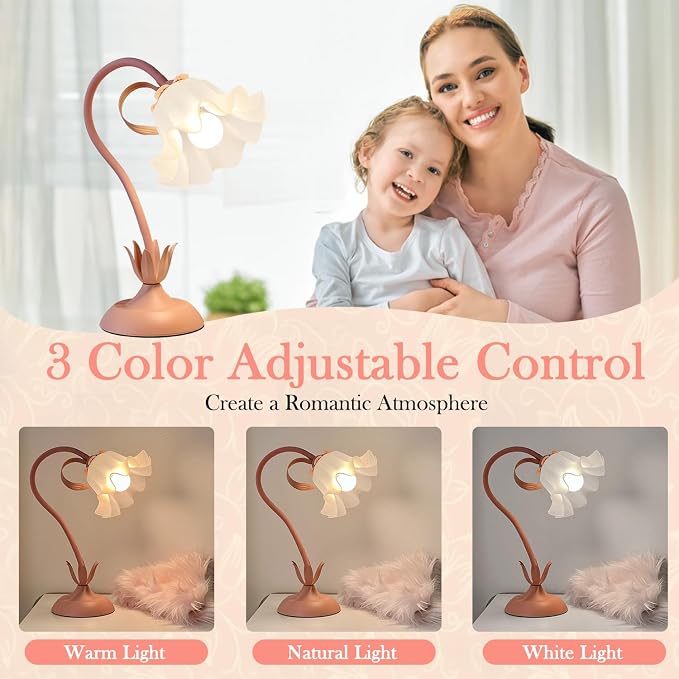 WERFOP Flower Desk Lamp Cute Pink Table Lamp for Bedroom Girls Room - Image 2