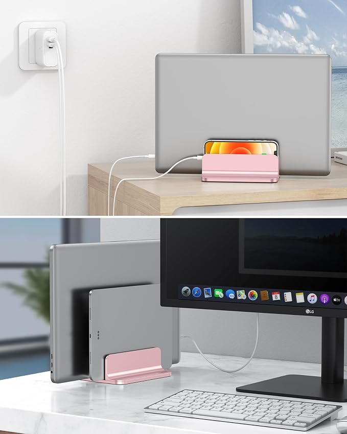 OMOTON Dual Vertical Desk Laptop Stand Holder, Fits MacBook Air, Rose Gold - Image 7