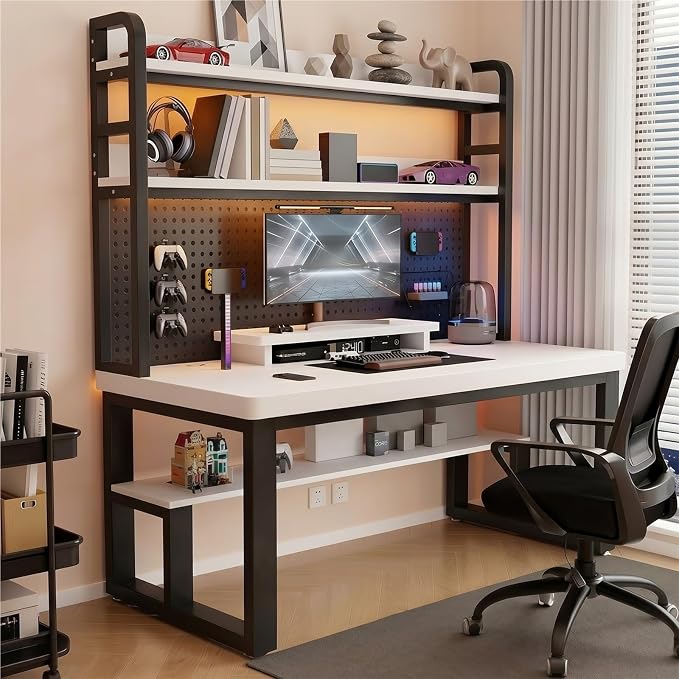 47in Gaming Desk with Pegboard and Hutch Computer Workstation | Optimize Your Space with This Study Table. Features A Steel Frame, Vertical Hutch, and Storage Shelves.(C,100CM/39.3IN) by Unknown