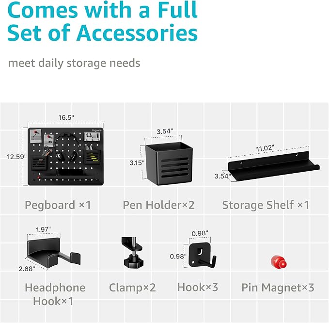 PEGZONE Clamp on Desk Pegboard, 16.5" x 12.6", with 10 Accessories, Black | Magnetic Metal Peg Board, Desk Organizer for Office Gaming Home, Privacy Panel, Medium - Image 4