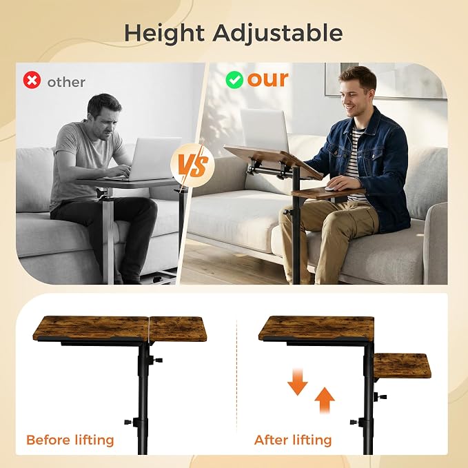 Aothia Small Standing Desk Rolling Table Adjustable Height, Laptop Mobile Stand with Wheels, Overbed Table, Portable Computer Workstation with Tiltable Desktop for Teacher Classroom Home Office, Brown - Image 4