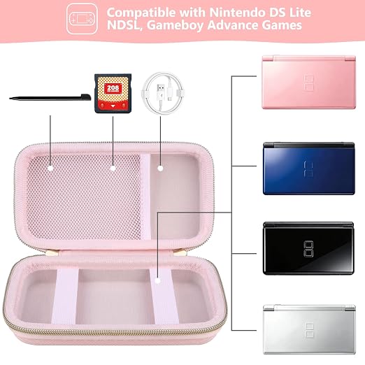 Supmay Hard Carrying Case Compatible with Nintendo DS Lite NDSL, Gameboy Advance Games Storage Holder Travel Bag with Mesh Pocket for USB Charging Cable, Stylus, Earphones, Game Cartridge, Pink - Image 2