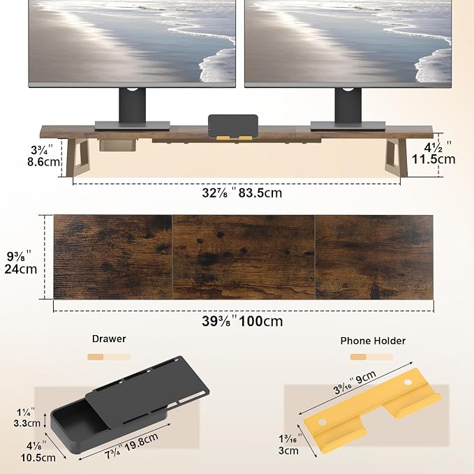 TEAMIX 39.4 inch Dual Monitor Stand Riser with Drawer & Phone Holder, Brown | For Computer, Laptop,Printer, Wood & Steel, Holds 100 lbs, Keyboard Storage Underneath, For Home Office Gaming Organization - Image 5
