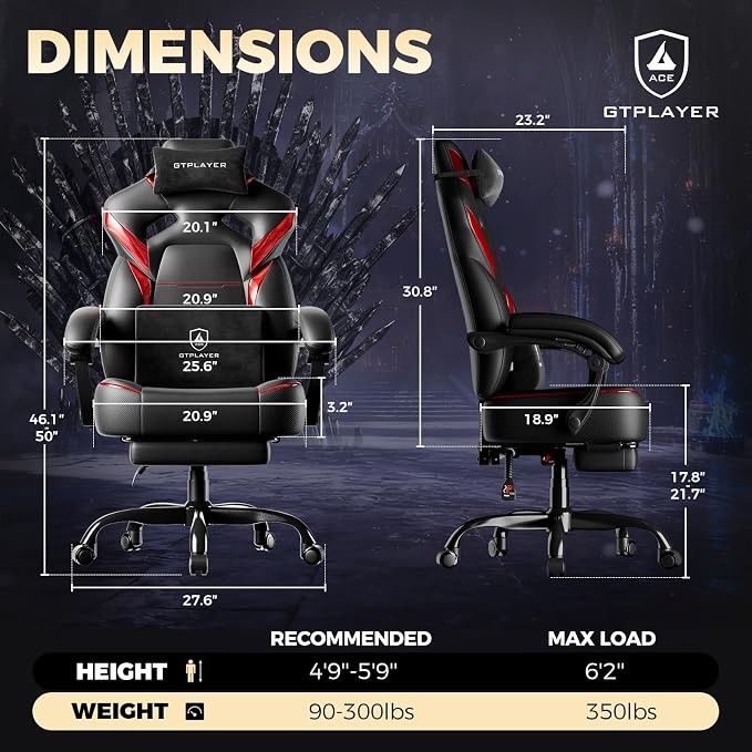 GTPLAYER Big and Tall Gaming Chair for Adults, Ergonomic Office Chair with Footrest, Heavy Duty 350 lbs Capacity, High Back, Premium Leather & Iridescent Trim, ACE-Armor, Black & Red - Image 2