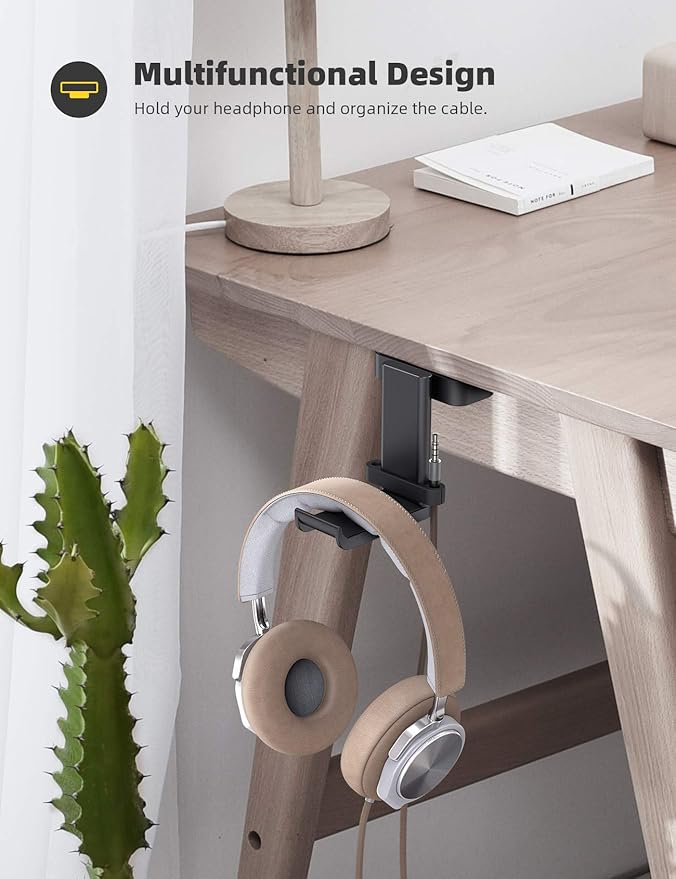 Lamicall Headphone Stand Adhesive Rotatable Headset Earphone Hanger Hook | 360° Rotation Earphone Holder, Cable Organizer Headphone Stand, for All Headset Gaming HyperX, Razer, Sony, Senn heiser - Image 2