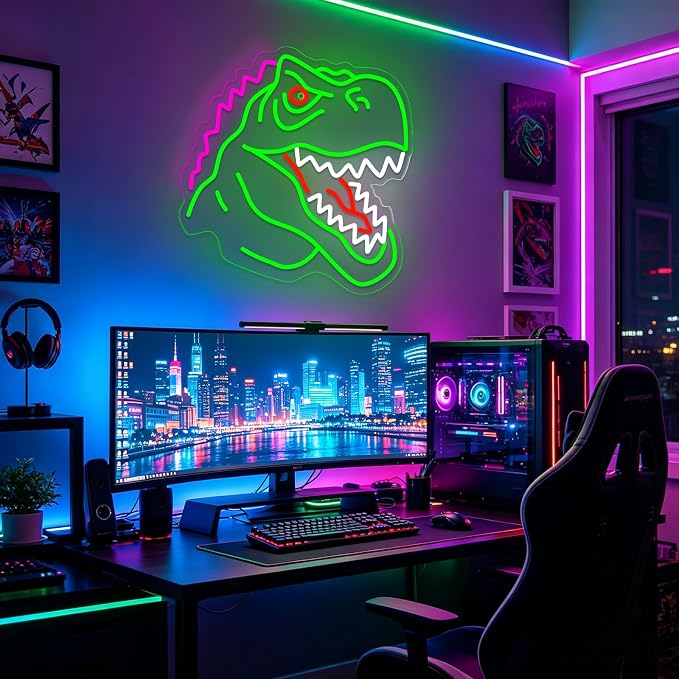 Dinosaur Neon Sign Lights for Wall Decor, T-REX LED Sign for Room and Man Cave Decor, Dimmable Powered LED Signs for Bedroom, Man Cave Party, Birthday Christmas Gift (T-REX Green) - Image 2