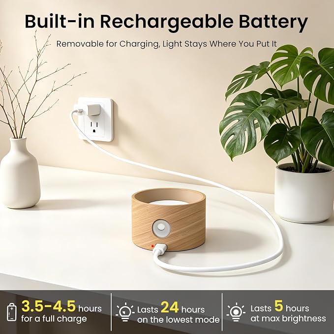 Koopala 3PACK Rechargeable LED Wall Sconce, Cordless Battery with Remote Powered Wall Sconce, 3 Brightness Levels, 360° Swivel Magnetic Shade for Reading Bedside, Wood Grain Color. - Image 5