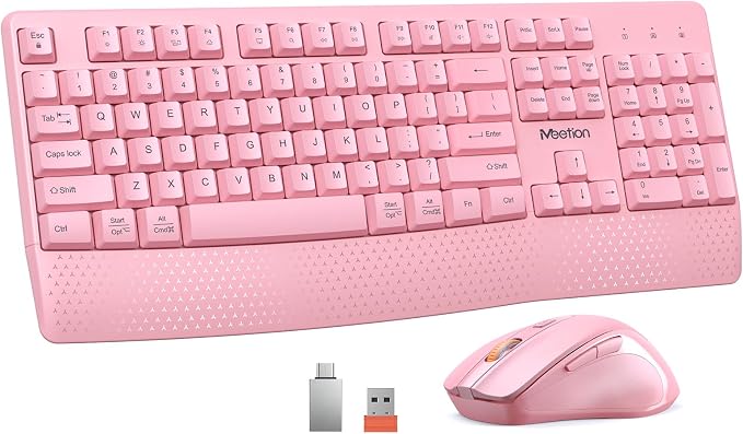 MEETION Wireless Keyboard and Mouse Combo, Full-Size with Wrist Rest, Pink by MEETION