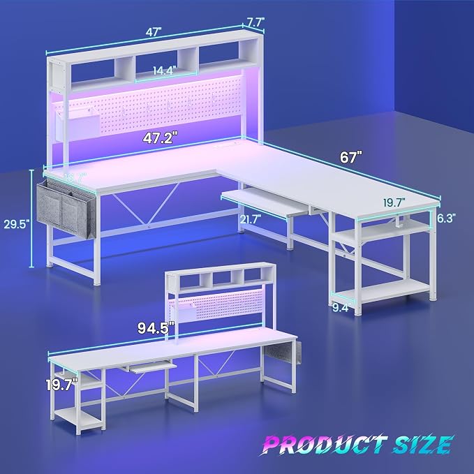 SEDETA White L Shaped Gaming Desk with Hutch, Power Outlet and Pegboard | Reversible 94.5" Computer Desk Two Person Desk, Corner Desk with Storage Shelf Keyboard Tray and LED Lights for Home Office - Image 2