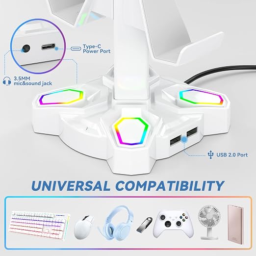 KDD Gaming Headphones Stand, Rotatable Headset Stand with Light Modes - Controller Holder with 2 USB Charging Ports and 3.5mm - Earphone Hanger Accessories for Desktop Gamer(White) - Image 4