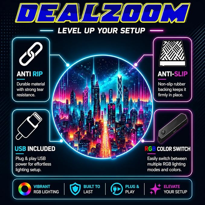 Gaming Chair Mat for Hardwood Floor Circle RGB Gaming Lights (Future City 47”) - Noise Cancelling, Anti-Slip Gamer Floor Mat – Scratch Resistant Computer Gaming Mat for Chair - Image 5