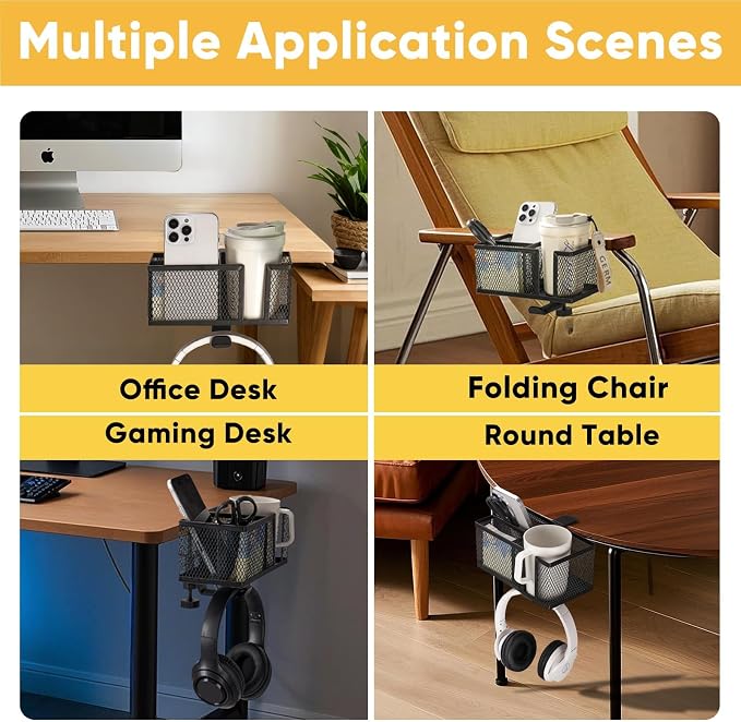 4 in 1 Metal Clip On Cup Holder Attachment for Gaming Desk or Table, Fits up to 40oz Cups, Sturdy and Easy to Clamp, Attachable Anti-Spill Cup Holder for Chair, Bedside, Bottles, Drinks - Black - Image 6