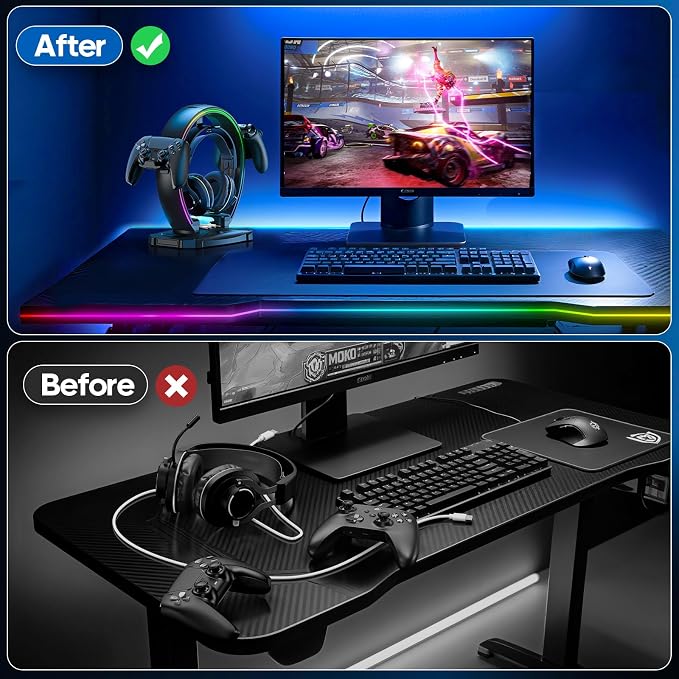KDD RGB Headphone & Controller Stand with 9 Light Modes - Foldable Controller Hanger for Desk - Earphone Stand with Cable Organizer - for Gamers Desktop Accessories - Image 8