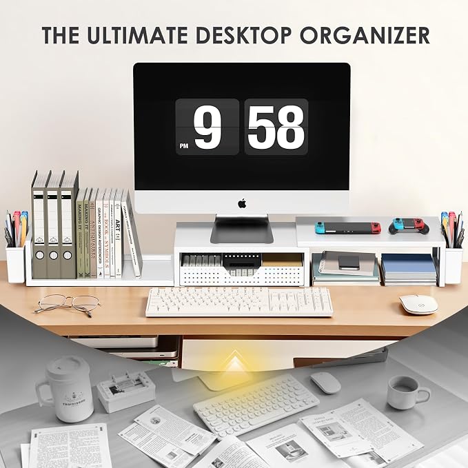 OPNICE Desk Organizers and Accessories, Dual Monitor Stand Riser with Drawer and 2 Pen Holders, Desk Shelf Computer Racks for Office Workspace Organizers, Desktop Organization (White) - Image 5