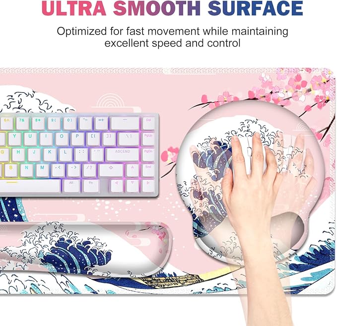 Gaming Mouse Pad, Large Desk Mat, Cute Desk Pad Protector, Pink Cherry Blossoms XXL Mousepad + Keyboard Wrist Rest+Mouse Wrist Rest+Coaster Set with Ergonomic Desk Pad, Japanese Wave of Kanagawa - Image 2