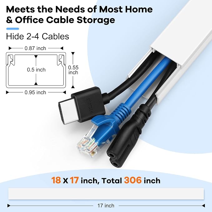 306in Cord Hider Kit, Cord Covers for Wires on Wall, Paintable Wire Cover for Cords, Cable Hider for Wall Mounted TV, White Cord Concealer, Cable Raceway Wire Management, 18x L17in x W0.95in x H0.55in - Image 2