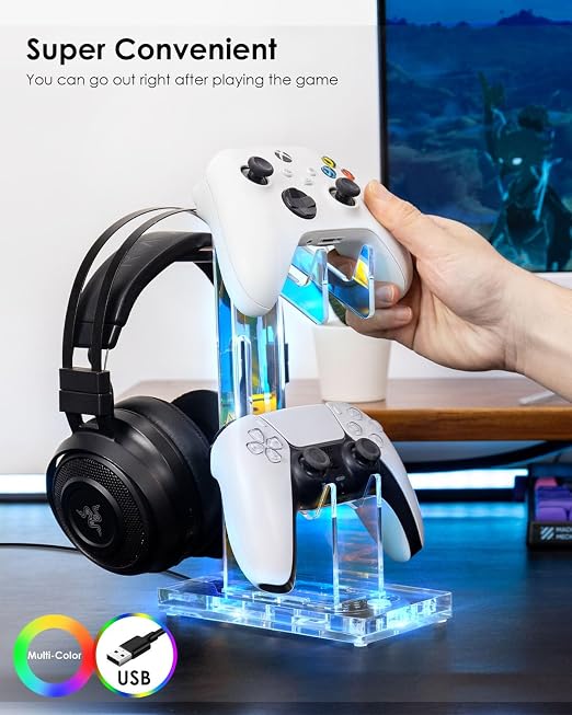 OAPRIRE RGB Controller and Headset Stand with 21 Light Modes, 2 Tier | Acrylic Game Controller Stand for Desk, Stabilized Base, Gamer Gift for PS5 PS4 Xbox Controllers, Desk Accessories, Clear - Image 6