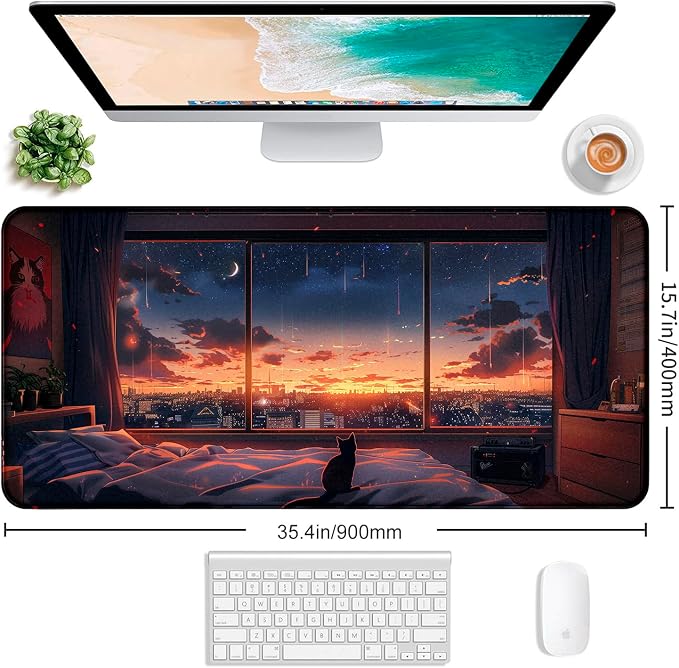 Sunset Night Cat Mouse Pad, Summer Night Scene Decoration Game Table Pad XL | Large Extended Mouse Pad; Full Desk Coverage; Waterproof Coating; Stable Anti-Slide Base For Gaming, Office, Study Daily Use - Image 2