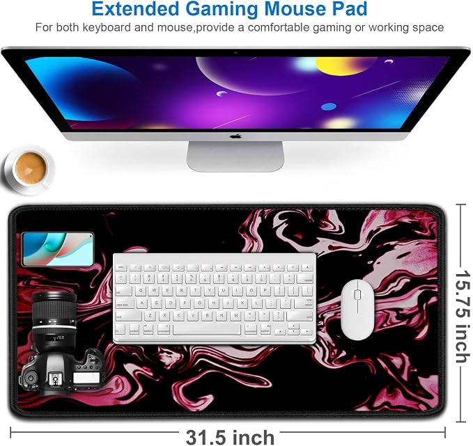 Gaming Mouse Pad, 31.5x15.7 inch Large Extended Computer Keyboard Mouse Mat, Water Resist Non-Slip Mousepad Rubber Base Long XXL Desk Mouse Pad for Gaming, Office & Home, Marble Red - Image 2