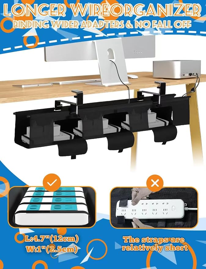 No Drill Under Desk Cable Management Tray - 36" Under Desk Cord Organizer,Clamp/Screw Mount Cable Management, Premium Fabric Cord Hider for Wire Organizer for Office, Home - Image 3