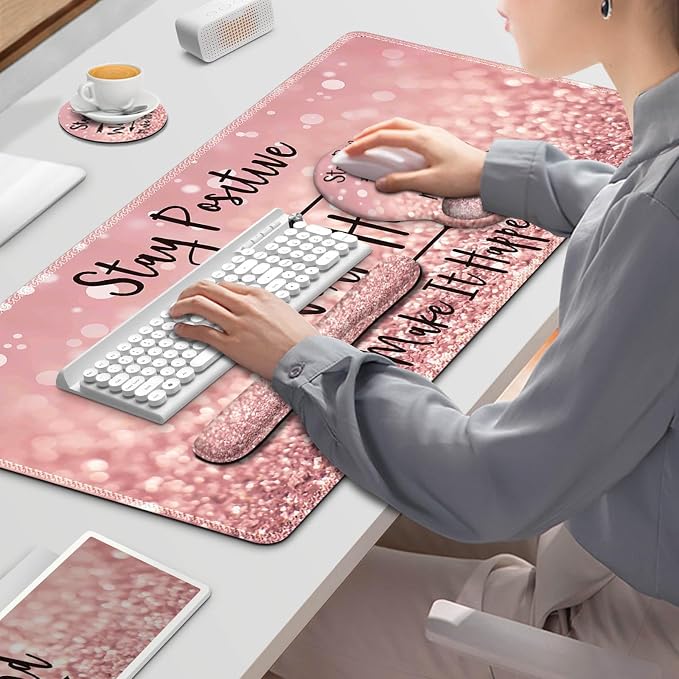 ToLuLu Desk Mat, XXL Large Mouse Pad Wrist Support Set，4 in1 Gaming Mousepad Desk Pad+ Ergonomic Mouse Pad with Wrist Rest + Keyboard Wrist Rest+Coaster for Women Home Office Table, Pink Stay Positive - Image 7