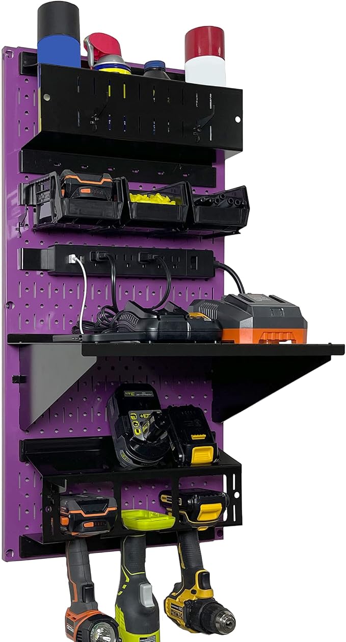 Wall Control Power Tool Storage Organizer Kit Cordless Drill Holder Charging Station Rack 16” x 32” Metal Pegboard Organization System (Purple Pegboard) by Wall+Control