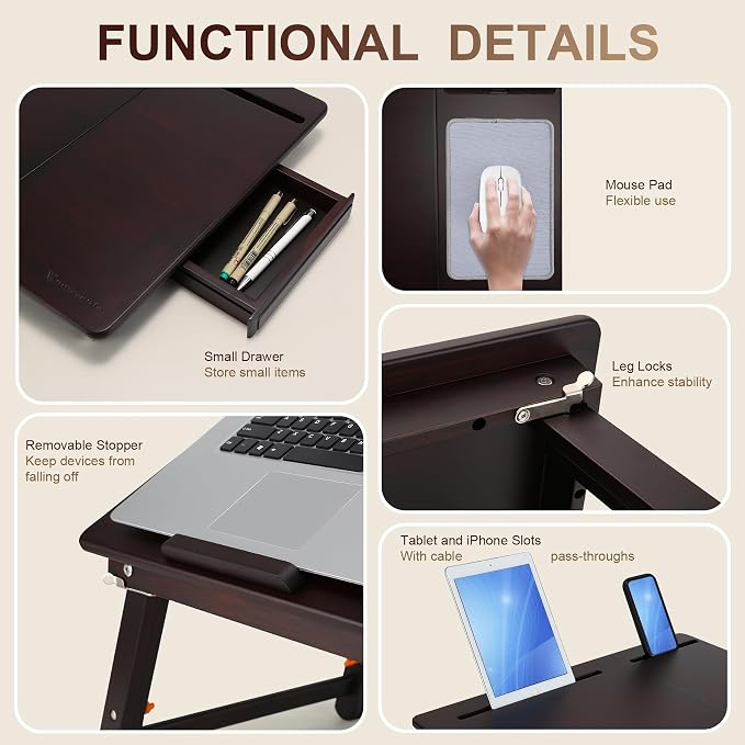 Nnewvante Laptop Desk, Height & Angle Adjustable Lap Desk, Black Walnut - Image 4