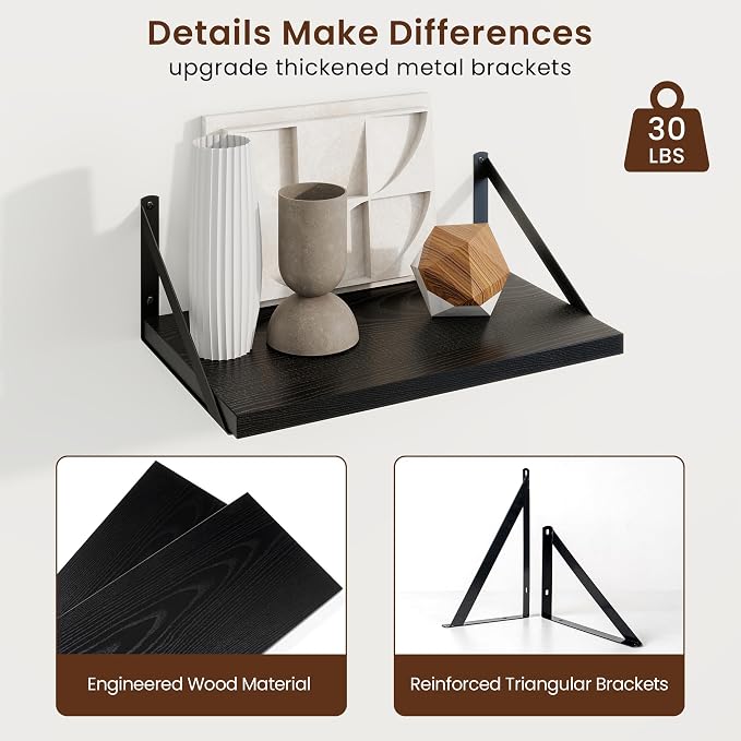 Axeman Deep Floating Shelves, 16'' x 10'' Black Wall Shelves Set of 2 - Image 5