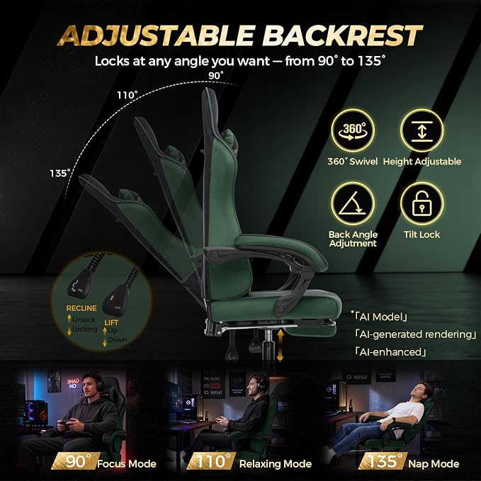 GTPLAYER Video Gaming Chair Fabric, Ergonomic Computer Chair with Footrest and Pocket Spring Cushion, Height Adjustable Video Gamer Chair with Lumbar Support for Adults, Green - Image 6