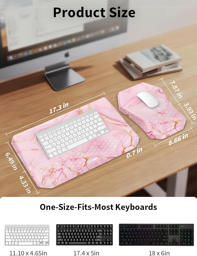 3-in-1 Ergonomic Keyboard Stand with Wrist Rest & Mouse Pad Set,Pink Marble | Comfy Keyboard Riser Holder Soft Mousepad with Massage Design, Memory Foam and Non-Slip PU Base for Pain Relief - Image 4