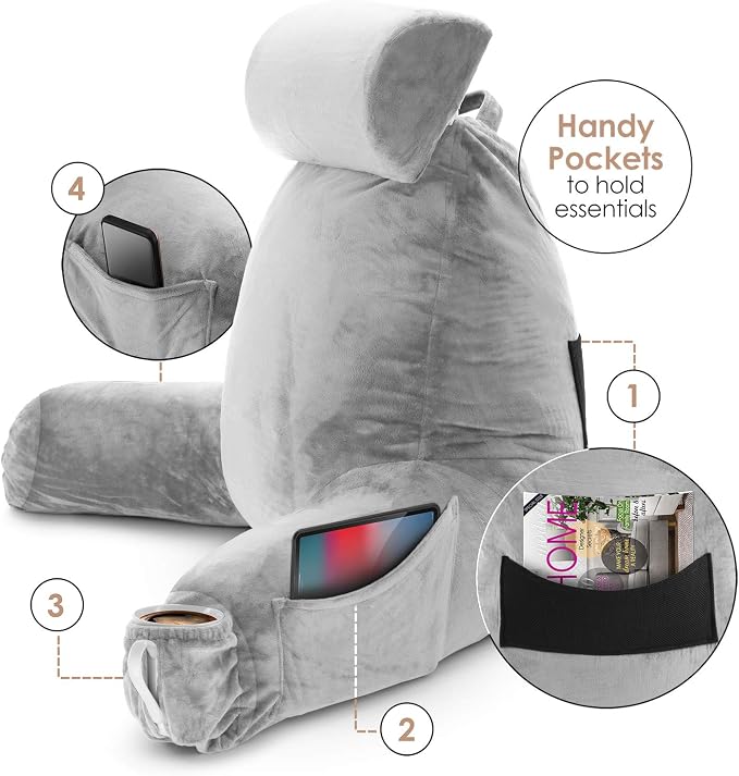Nestl Reading Pillow with Portable Laptop Lap Desk - Shredded Memory Foam Back Support Pillow for Sitting Up in Bed and Couch Rest Pillows with Arms, Bed Tray Table with Foldable Legs, Light Grey - Image 6