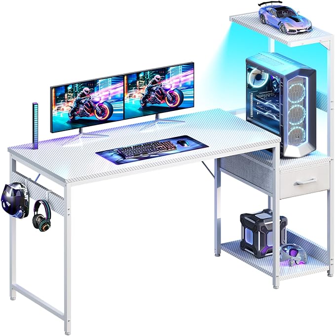 Casaottima 54'' Gaming Desk with LED Lights & CPU Stand, Reversible Computer Desk with Storage Shelves & Fabric Drawer, Modern PC Gamer Table with Headphone Hook, Carbon Fiber White by Casaottima